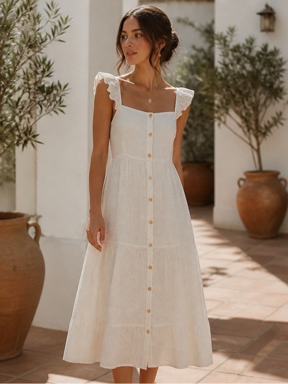August Sky White Swiss Dot Flutter Sleeve Button Front Tiered Maxi Dress Small